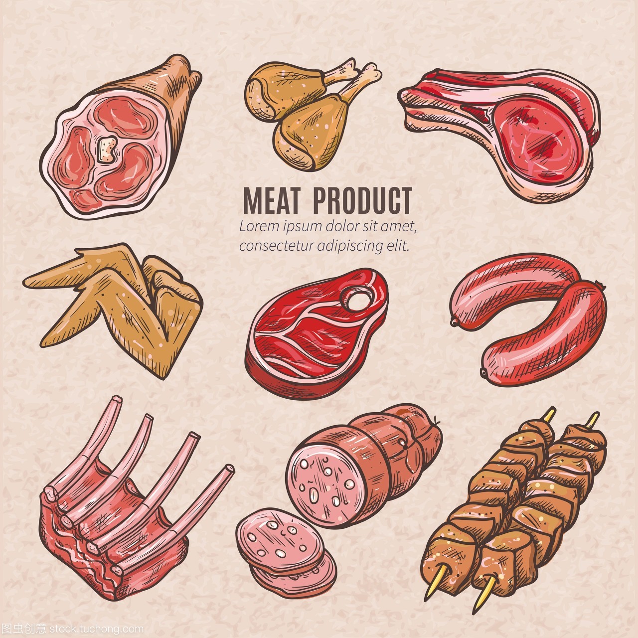 肉类产品颜色草图。肉制品的颜色草图,以复古的风格,用串肉的排骨鸡翼牛排和香肠矢量孤立的插图